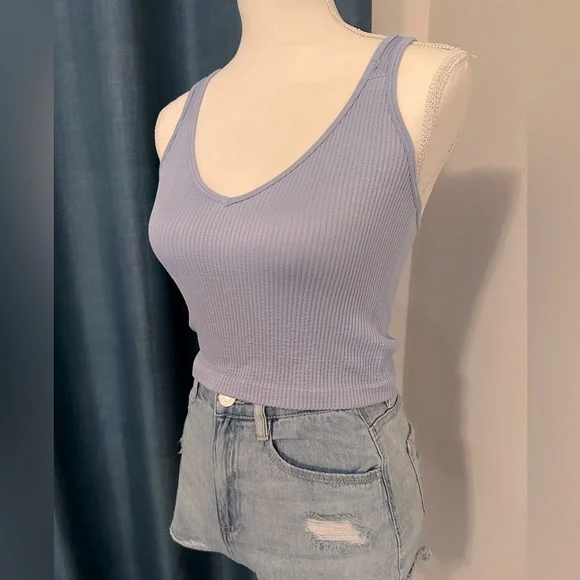 Blue Stretchy Ribbed Crew Neck Crop Top Tank Sleeveless Size S/M - Picture 6 of 6